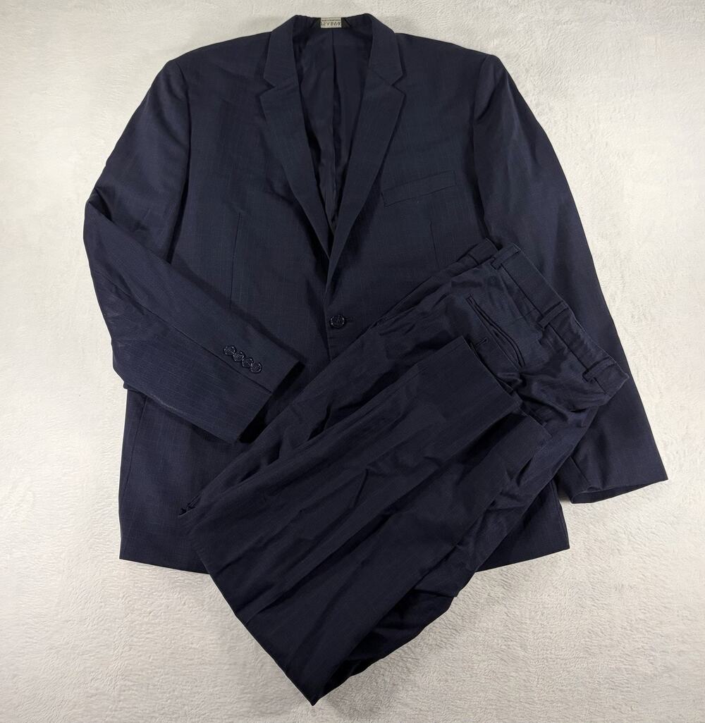 2025 JOS A BANK Traveler Navy Blue Squares Full Suit 50L Wool Tailored Slim Fit
